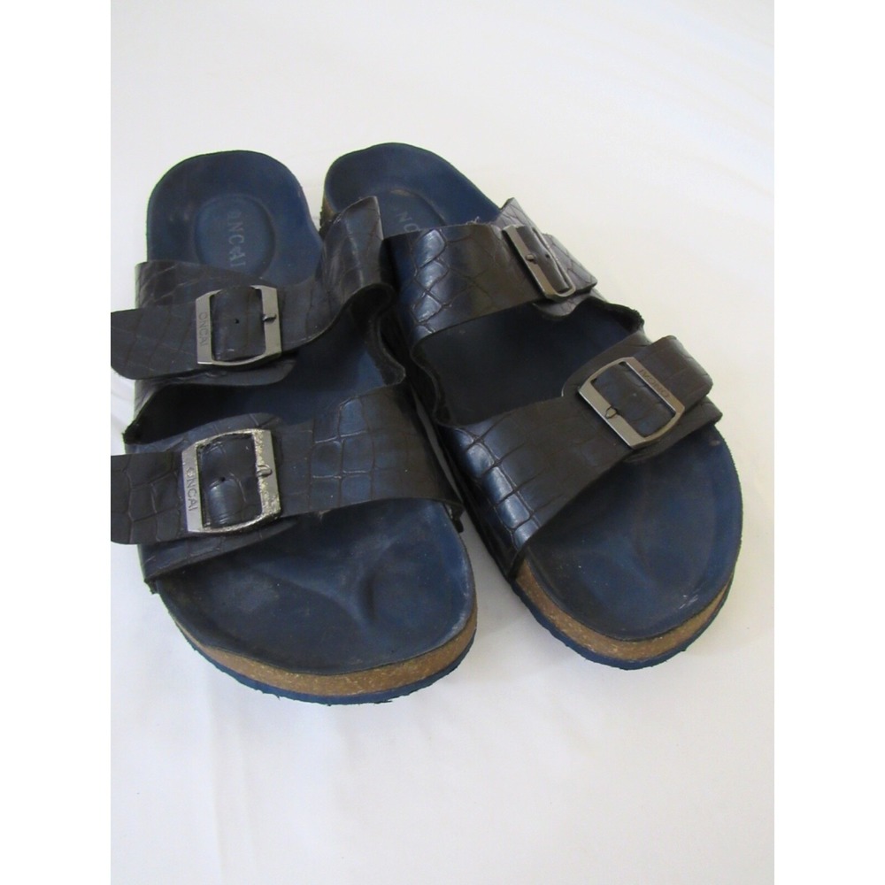 ONCAI Embossed Gator Print Men's Sandals Blue Buckle Arizona Slippers Size (10)